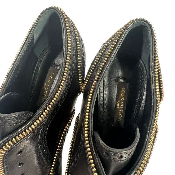 Louis Vuitton Platform Heels Size 6 Zipper Trim Pump Black Leather Authentic w s - Picture 3 of 12